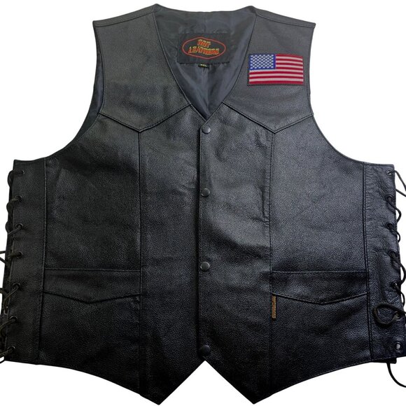 Mens Black Leather Motorcycle Vest 3XL With USA Flag & Harley Patch By Hot Leath - Picture 1 of 8